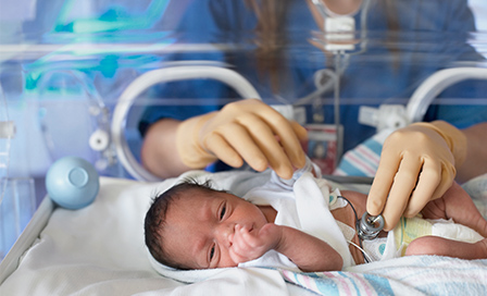 Female doctor examining newborn baby in incubator
